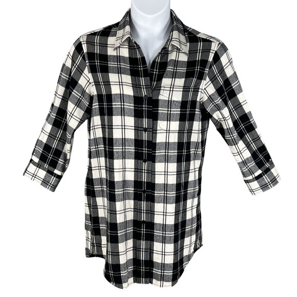 Theory Women 10 Black White Tartan Plaid Button Up Tunic Shirt Virgin Wool Blend - Picture 1 of 15